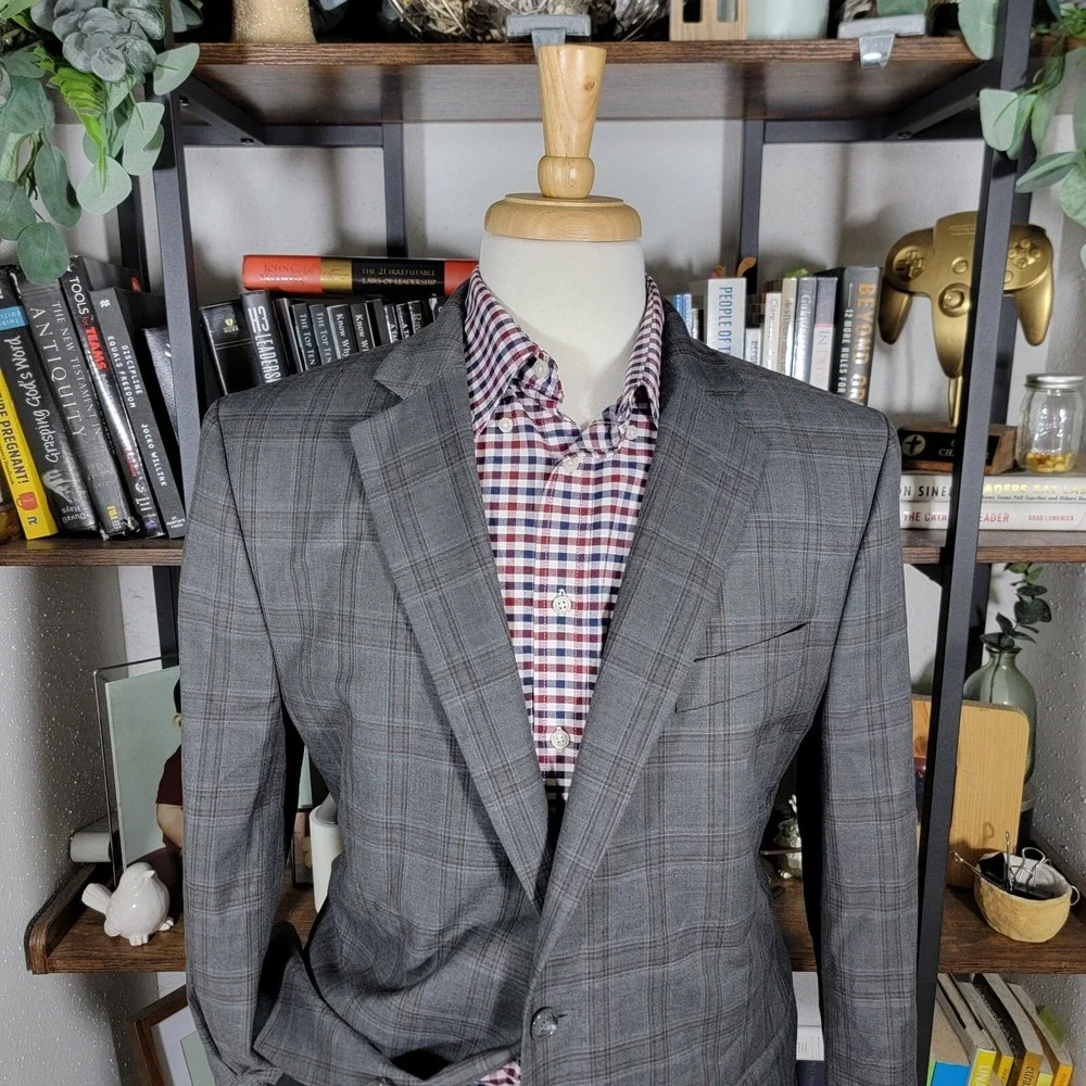 Stafford Men's Sport Coat Blazer Two Button Gray Brown Plaid Classic‎ Fit Sz 44R